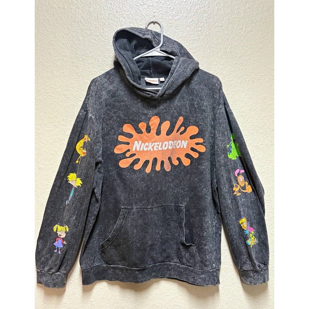 Nickelodeon Reptar Graphic Logo Pullover Hoodie Fleece Cotton Pockets Gray L